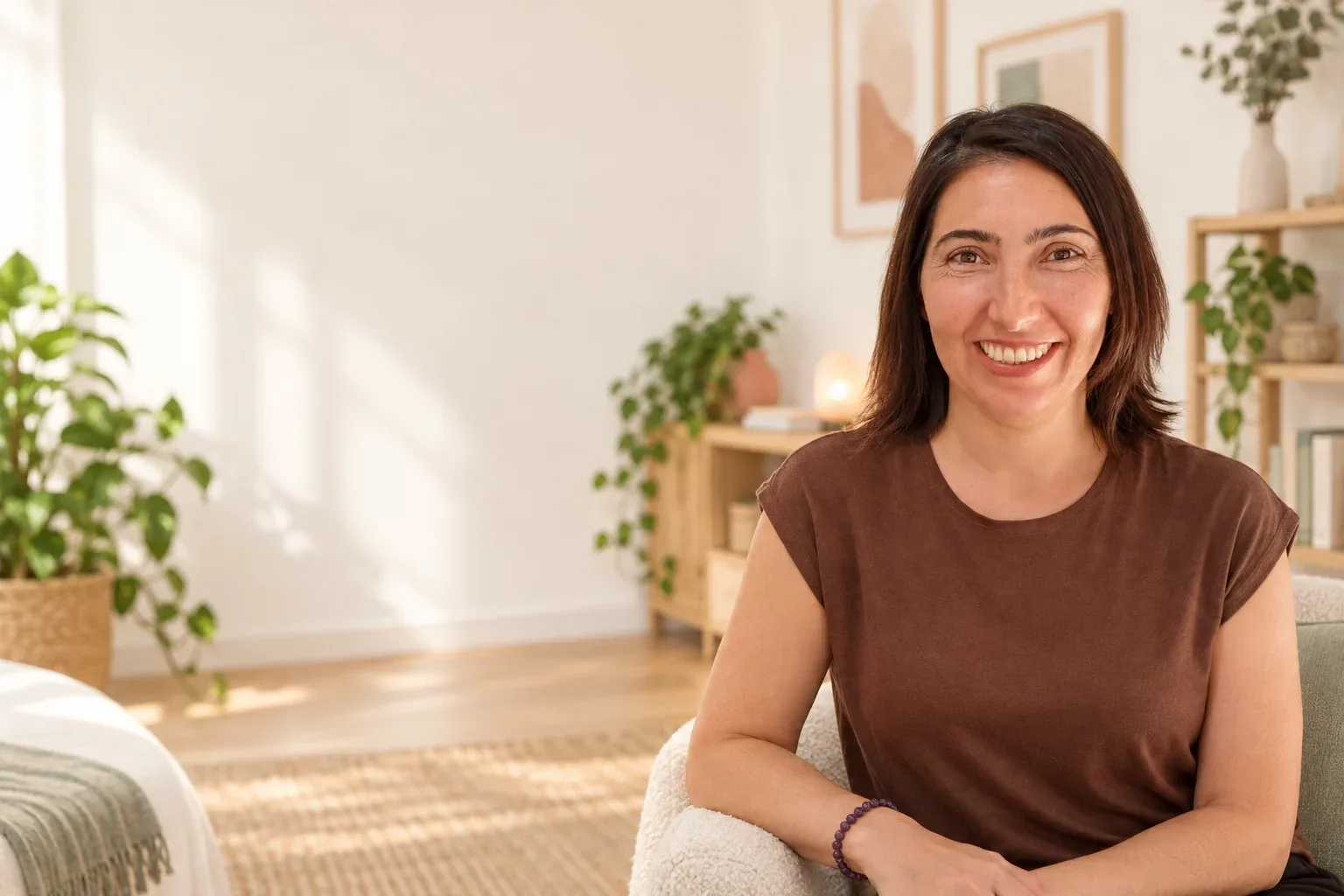 Carina Gangemi sonriendo, sentada en un sillón claro en su consulta luminosa, con plantas y luz natural