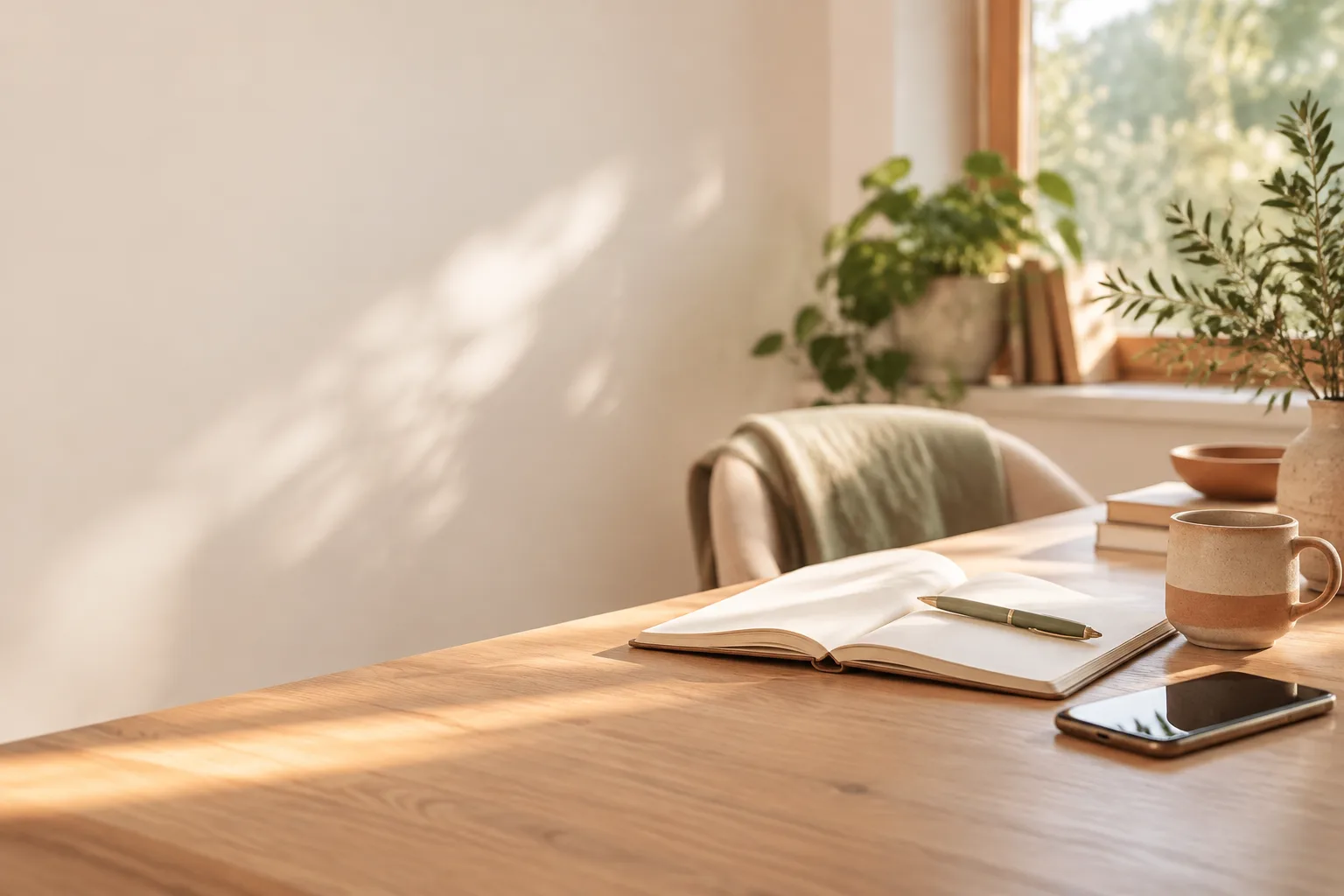Mesa de madera clara junto a una ventana luminosa, con un cuaderno abierto, un bolígrafo, una taza y plantas