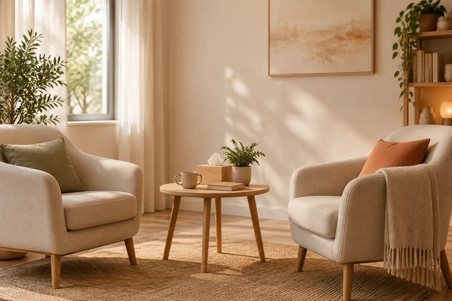 Consulta terapéutica cálida con dos sillones enfrentados, una mesa de madera clara con una taza y una planta, iluminada por luz natural