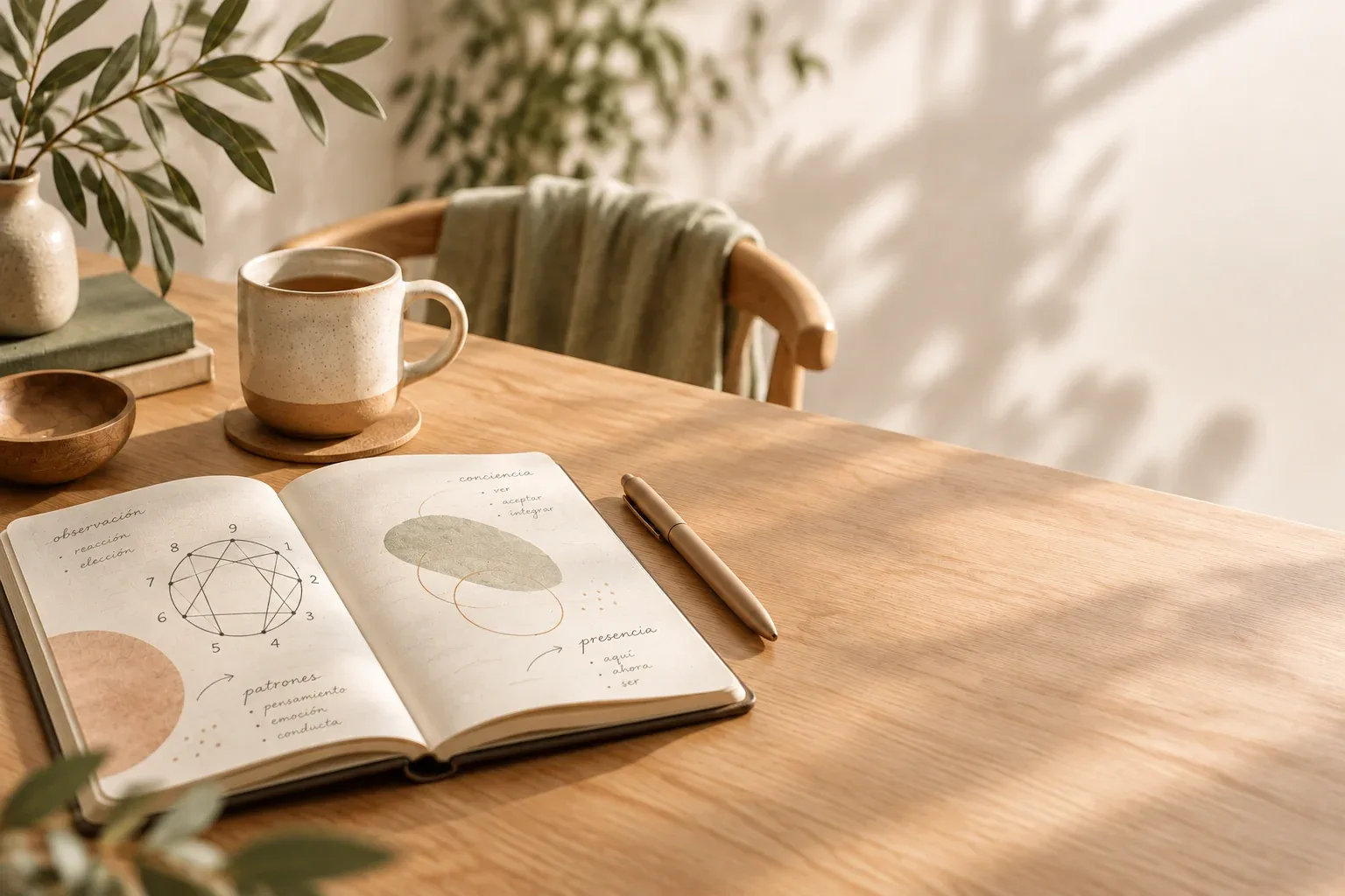 Cuaderno abierto con un dibujo del eneagrama y notas sobre patrones, conciencia y presencia, junto a una taza y ramas de olivo sobre una mesa de madera clara